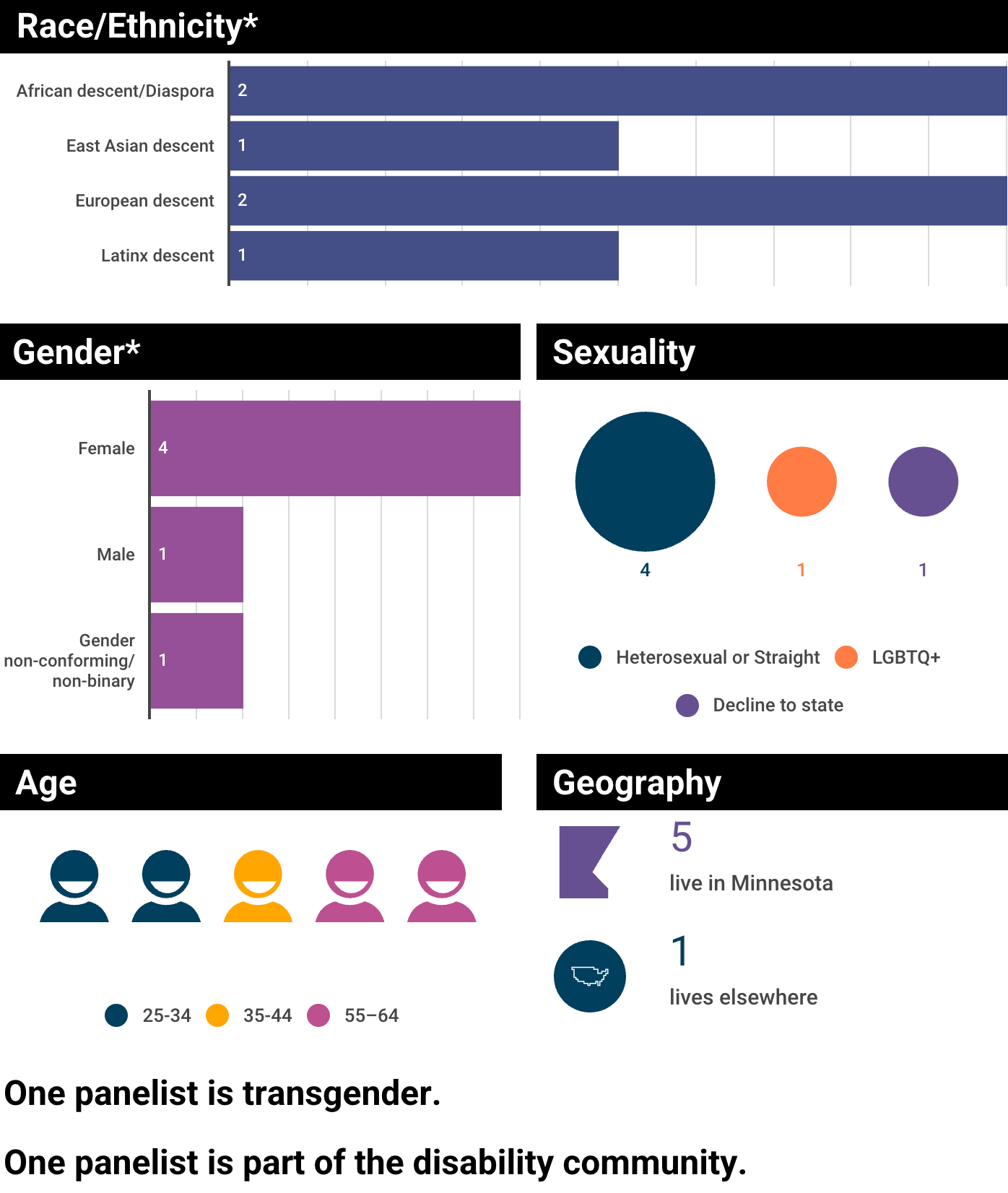 Chart showing race/ethnicity, gender, age, sexuality and transgender and disability identity
